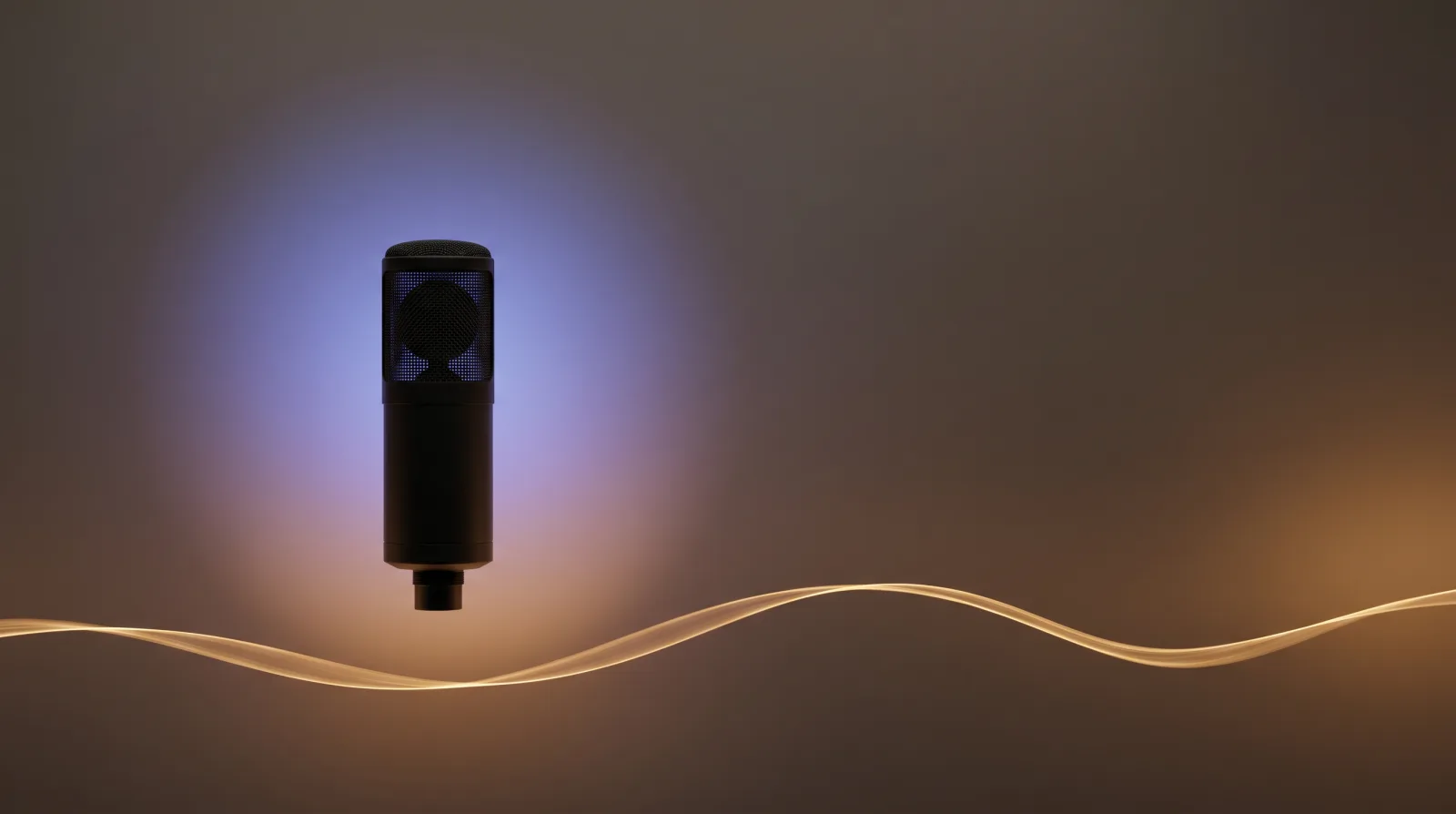 A glowing microphone with sound waves transforming into words